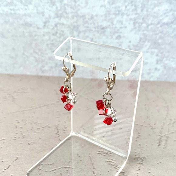 Siam Red Dice Crystal Cluster Staircase with Silver Plated Leaverback Earwires - Picture 4 of 6